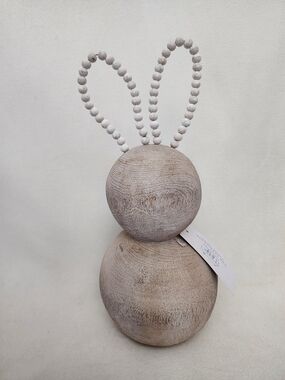 Wooden Beaded Bunny Decor - Neutral Whitewashed Finish